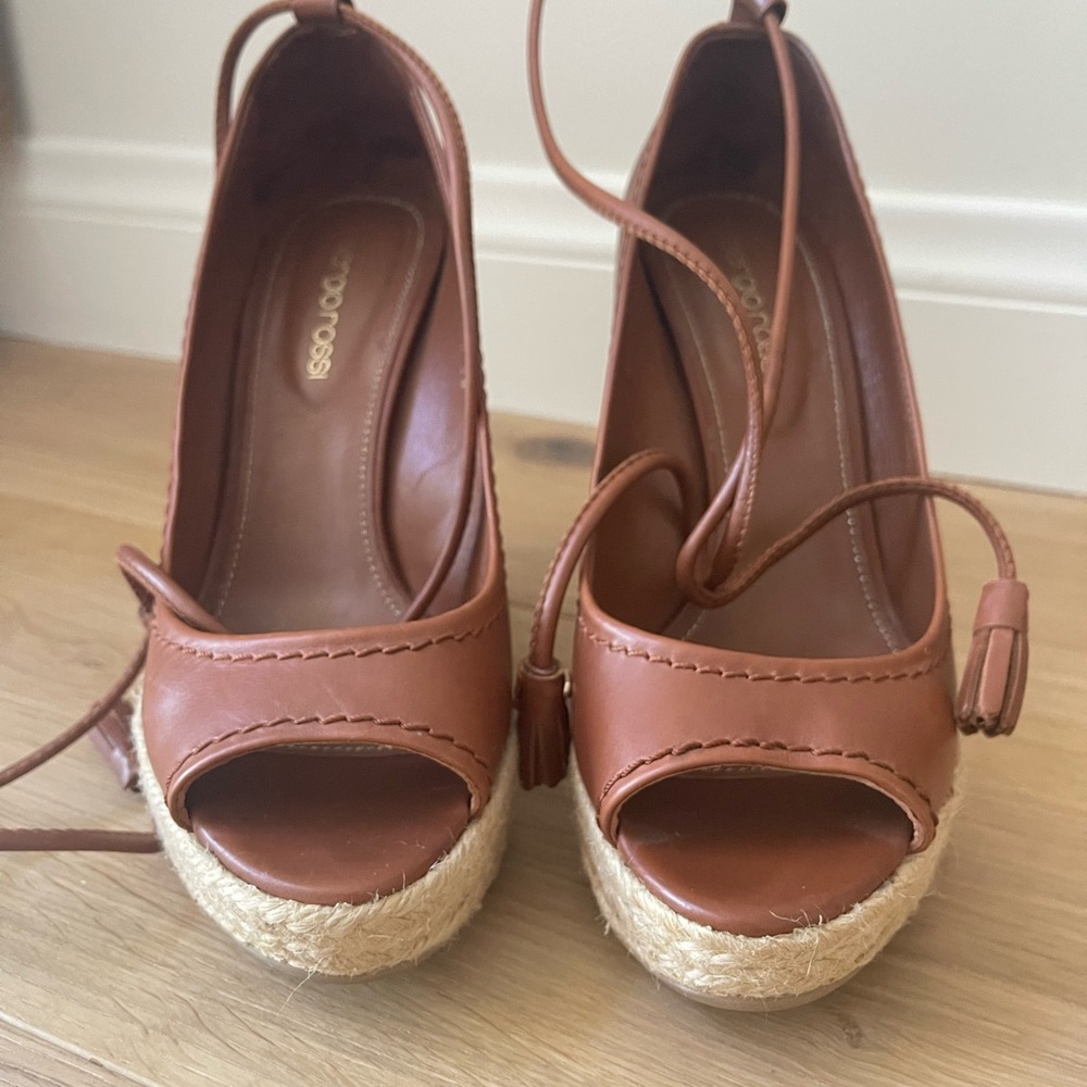 Sergio Rossi brown leather Espadrille Wedges SIZE 38